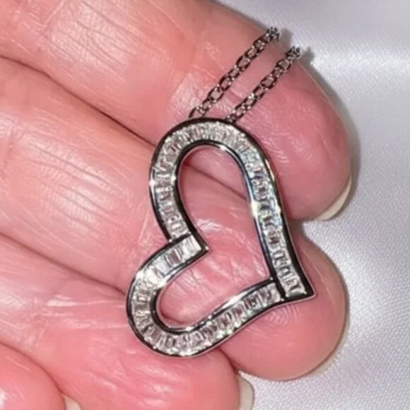 Open Heart Simulated Baguette Moissanite Silver Pendant Necklace NWOT - Picture 9 of 9